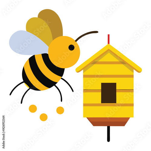 Bee Gliding Toward Honeycomb on White Canvas