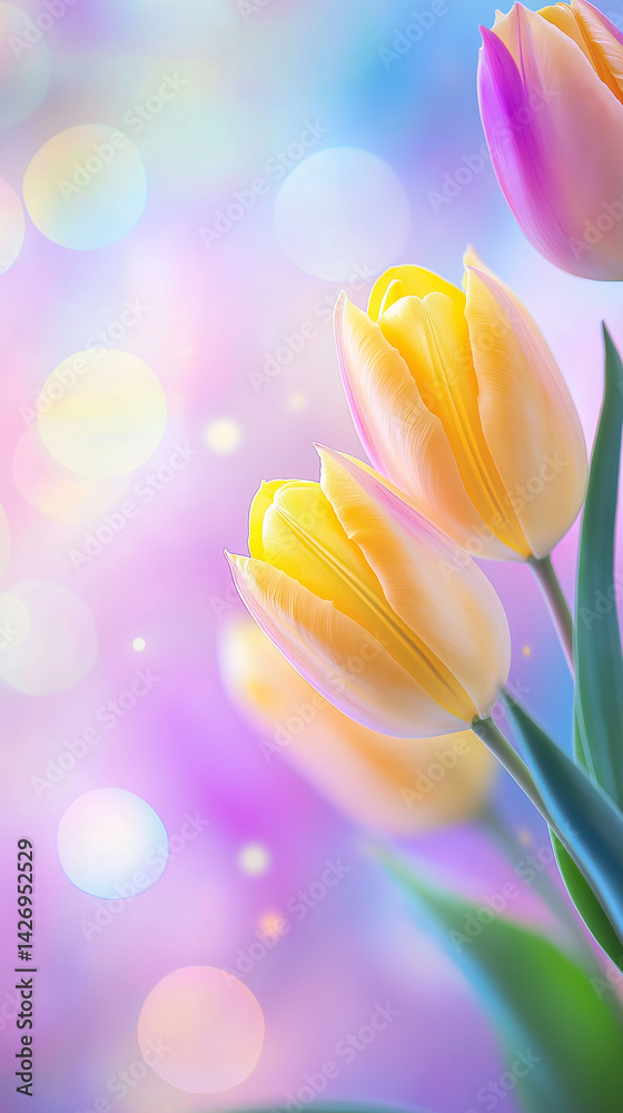 Vibrantly colored tulip flowers in the spring, on a pastel,
soft color, blurred background.