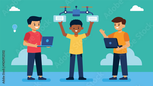 A group of boys showing off their drones impressive aerial maneuvers all thanks to the coding skills they learned in class.. Vector illustration