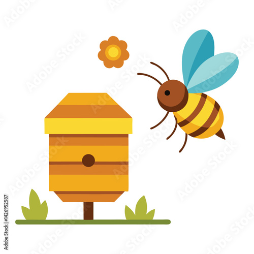 Flying Bee with Hive in Minimal White Setting