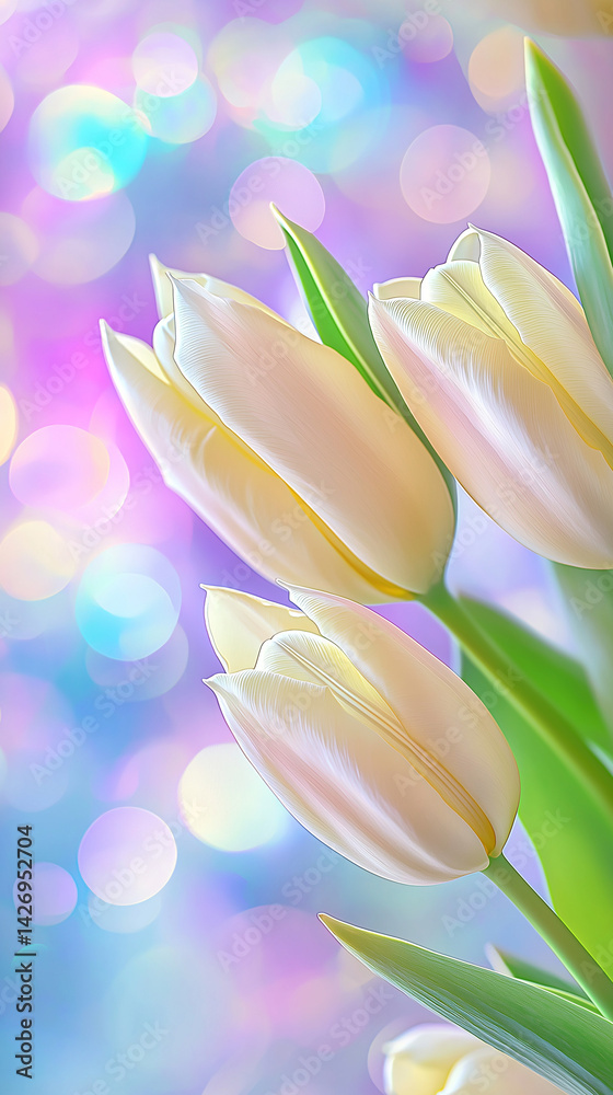 Vibrantly colored tulip flowers in the spring, on a pastel,
soft color, blurred background.