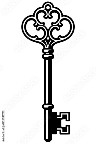 Vector illustration of an ornate, vintage-style key in black and white with intricate details on the bow and wards. Represents security, access, and history.