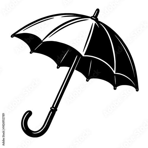 Vector illustration of an open umbrella in black and white. Represents protection from rain or sun.