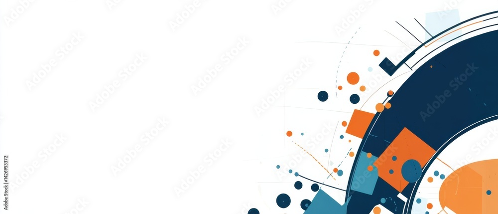 Abstract geometric background with circles, squares, and lines in blue and orange Concept of technology, data visualization, and modern design