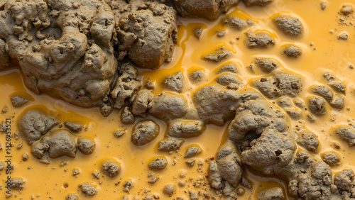 Bubbling mud texture in umber and sulfur yellow, geothermal background for nature documentaries or adventure tour posters