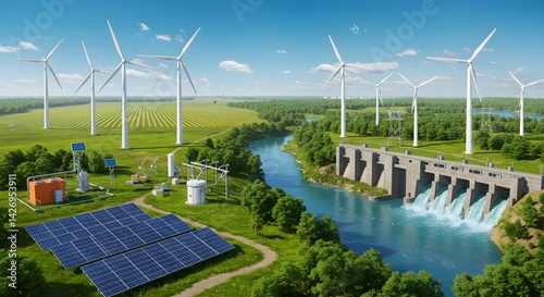 Green Energy Sustainable Power Generation Wind Turbines Solar Panels Hydroelectric Dam