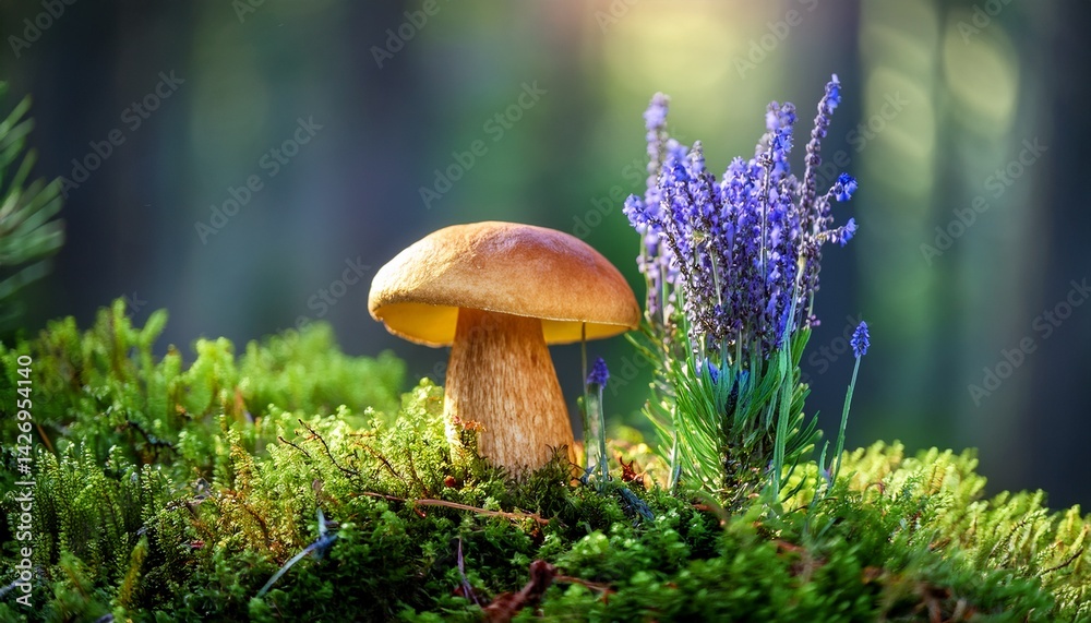 Fototapeta premium vibrant mushroom and lavender in a mossy forest generative ai