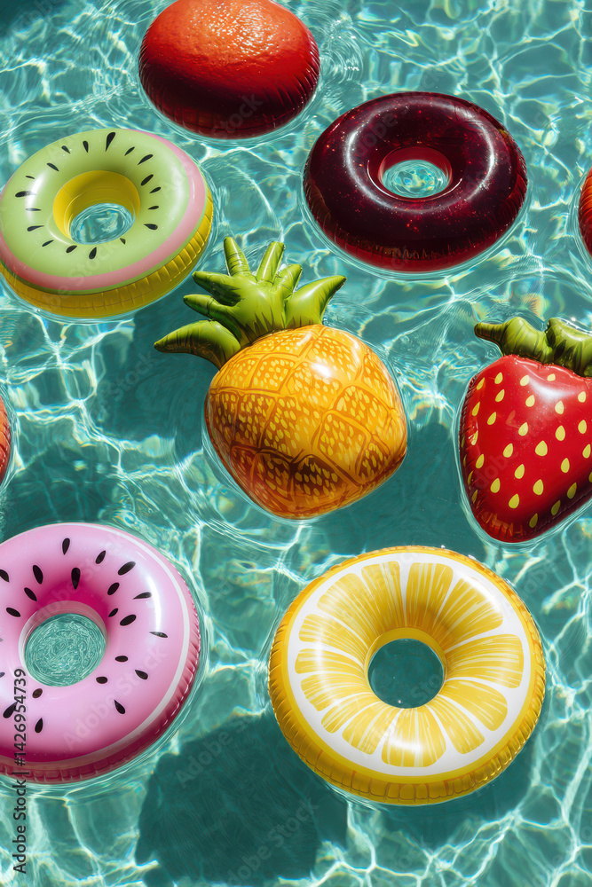 overhead view of fruit shaped pool floats in a tropical swimming pool