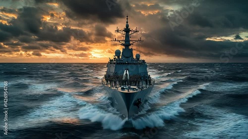Modern Warship Cuts Through Ocean Waves at Sunrise, a Display of Naval Power