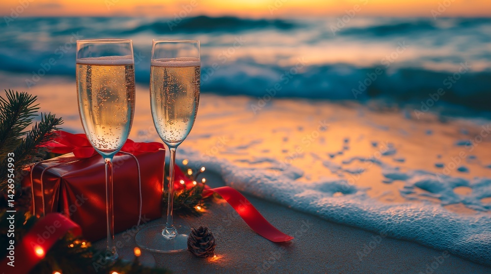 christmas card with champagne, christmas tree, gifts and decorations.