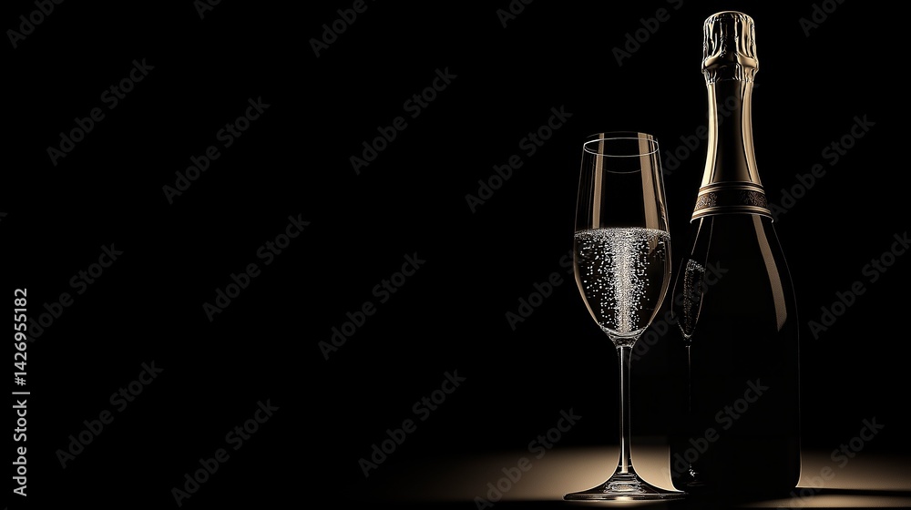 champagne bottle with glass and two glasses
