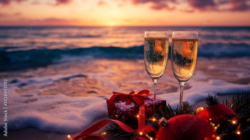 christmas card with champagne, christmas tree, gifts and decorations.