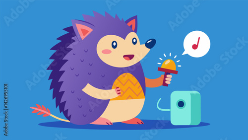 A content hedgehog munching away on a treat that was dispensed by simply saying a magical word into the voiceactivated dispenser.. Vector illustration