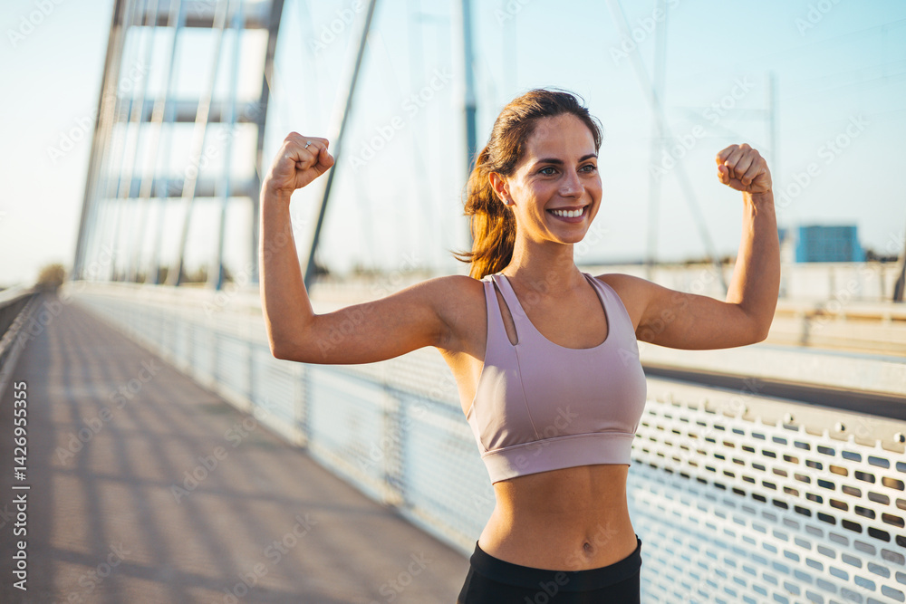 Confident Woman in Sportswear Flexing Arms on Bridge During Golden Hour