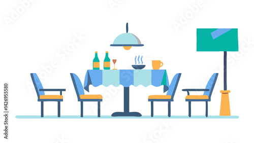 table and chairs, food on the table