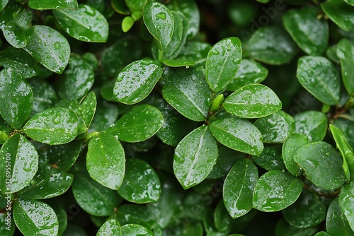 Close-up of Water Droplets on Fresh Green Leaves photo