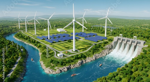 Sustainable Energy Green Power Wind Turbines Solar Panels Hydroelectric Dam Aerial View