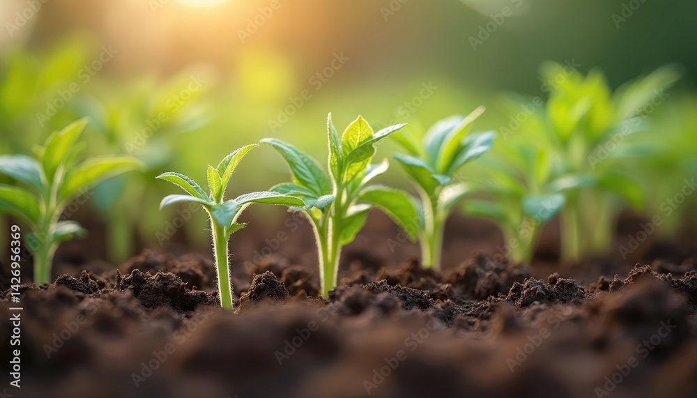 Young tomato seedlings grow in soil with soft sunlight. Agriculture, new life growth cycle. Tomato plant germination, beginning. Healthy food, organic vegetables, eco-friendly gardening. Fresh green