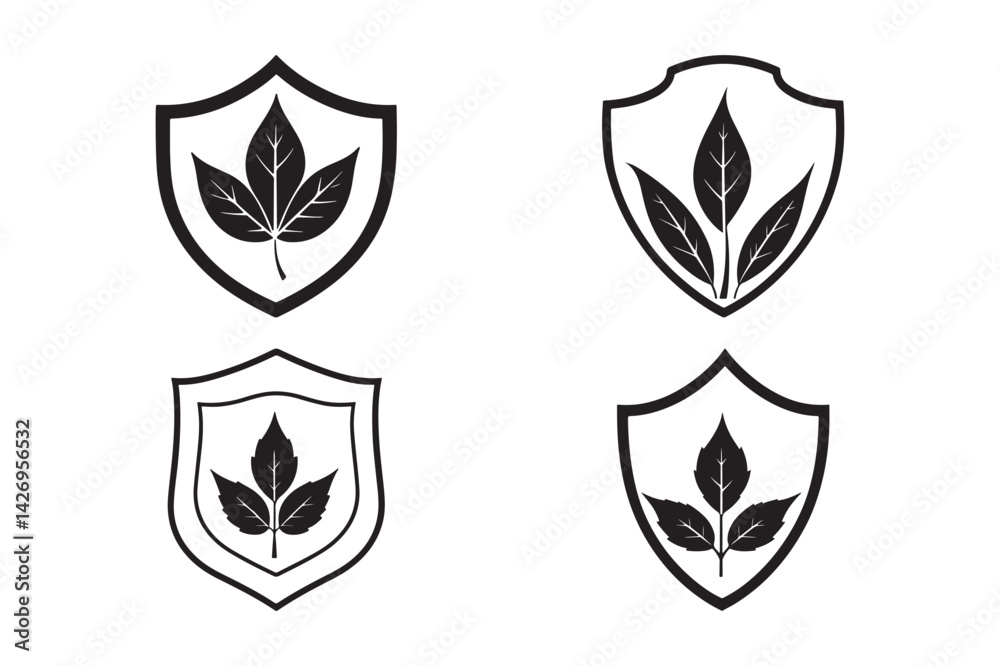 Fototapeta premium Leaf Shield Icon Set Nature Protection Vector Emblems