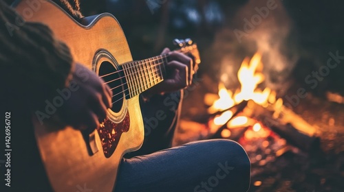 Acoustic Serenade, A guitarist playing by the campfire under a starlit sky