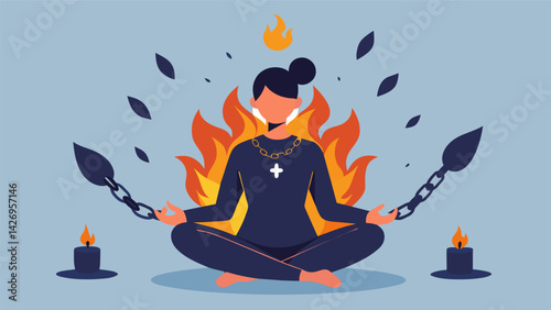 A person sitting in a lotus position surrounded by broken chains and holding a burning candle symbolizing the release of negative emotions and the. Vector illustration