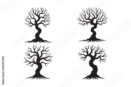 Silhouette of Four Spooky Bare Trees Vector Halloween Tree Clipart
