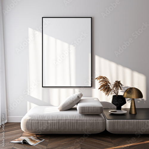 Poster mockup in a modern living room interior. Frame mockup with ISO A paper size. 3D illustration.