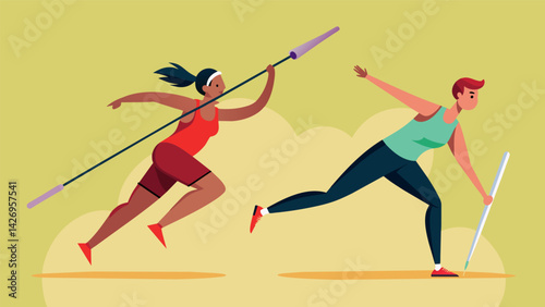 As one participant triumphantly sprints to retrieve their javelin after a successful throw another can be seen mentally preparing for their turn.. Vector illustration