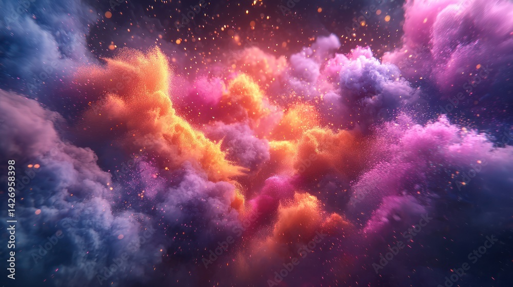 Fototapeta premium Cosmic Nebula Glowing gas clouds, interstellar dust, vibrant colors, background sparkles, ideal for abstract art