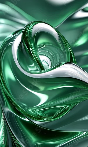Flowing green sculpture with silver highlights, abstract and dynamic form