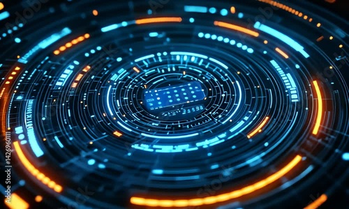 Futuristic circuit board design with blue and orange digital patterns