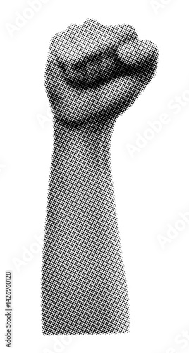 Halftone hand with a clenched fist on isolated background.