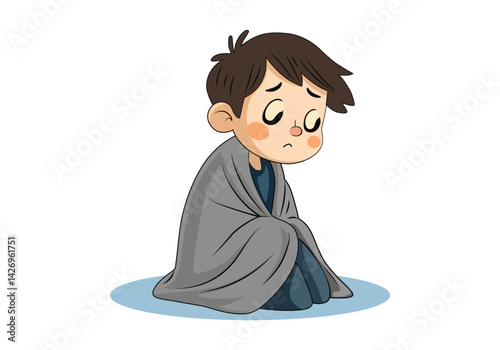 Sad Child Wrapped in Blanket