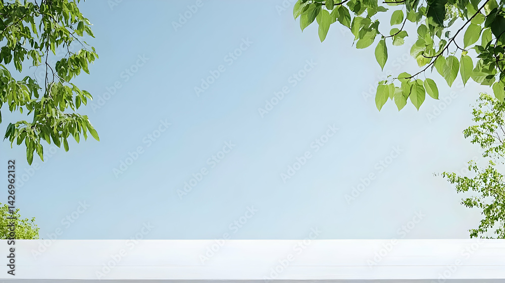 Obraz premium Empty White Tabletop With Green Leaves Against Clear Sky