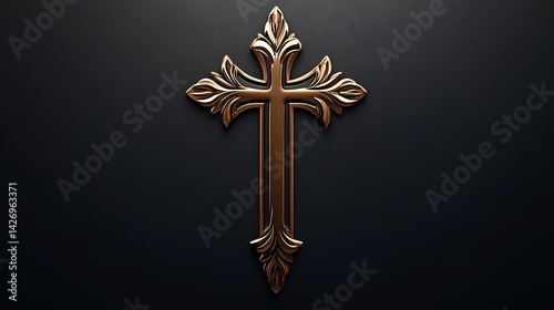 Bronze metallic cross on dark black background in studio lighting · Suitable for religious branding, church visuals, Christian artwork promotions, faith campaigns, and memorial designs