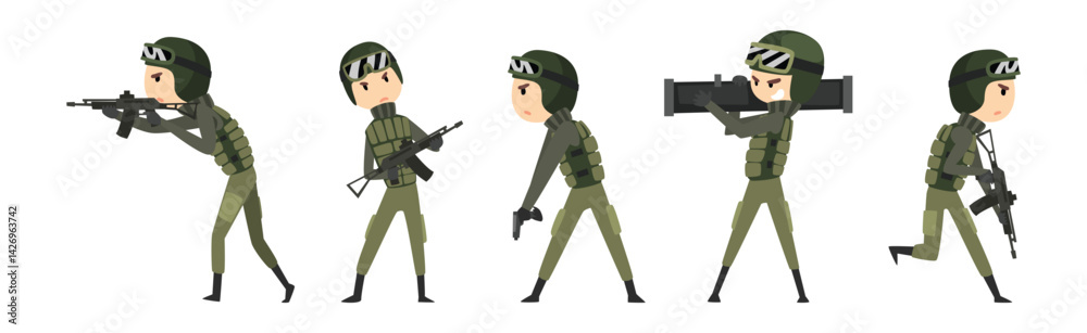 Military Man Soldier Character with Weapon on Battle Field Vector Set Military Man Soldier Character with Weapon on Battle Field Vector Set