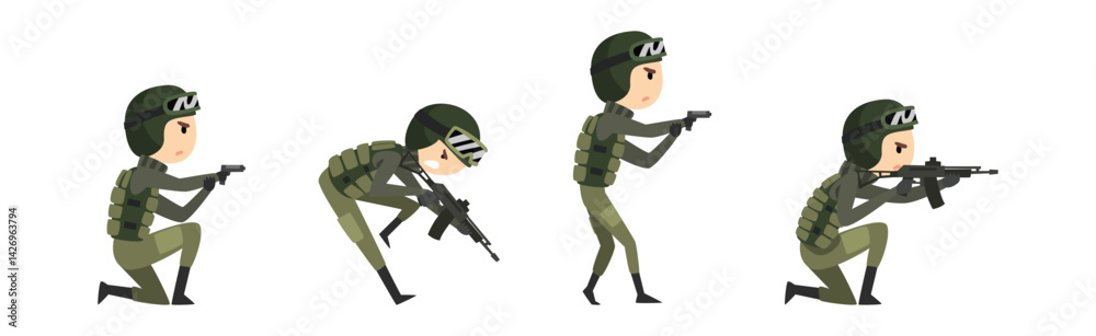 Military Man Soldier Character with Weapon on Battle Field Vector Set Military Man Soldier Character with Weapon on Battle Field Vector Set