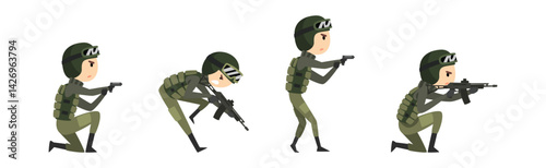 Military Man Soldier Character with Weapon on Battle Field Vector Set