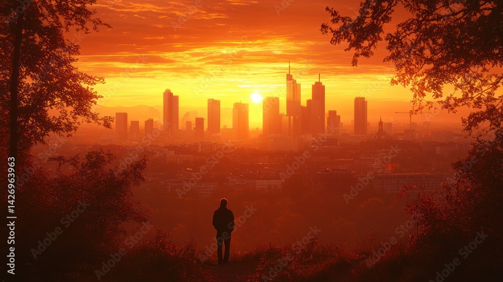 Fototapeta premium Man silhouetted at sunrise over city skyline. Use travel, nature, cityscape
