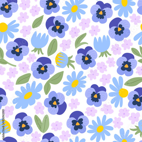 Botanical seamless pattern with various flower buds. Fashionable floral vector flat background. Pansies, chamomile and daisy blossoms