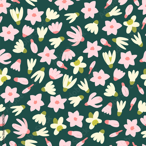 Botanical seamless pattern with abstract buds. Fashionable floral vector flat background. Chamomile and magnolia flowers