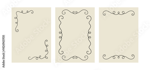 Set of hand drawn whimsical and quirky frames. Vector line illustration of vintage coquette curly borders. Cliparts for romantic and valentines designs