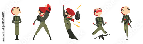 Military Man Soldier Character with Weapon on Battle Field Vector Set