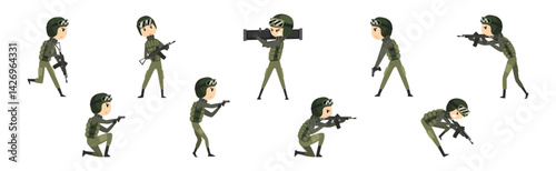 Military Man Soldier Character with Weapon on Battle Field Vector Set