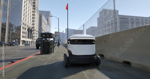 Autonomous delivery robot moves swiftly through a busy city sidewalk, navigating urban infrastructure with smart technology in a modern logistics environment