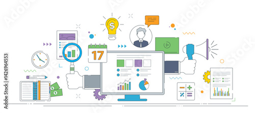 Digital marketing, data analysis, and business strategy tools with charts and communication icons.
