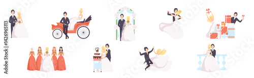 Just Married and Newlyweds Couple of Man and Woman Vector Set