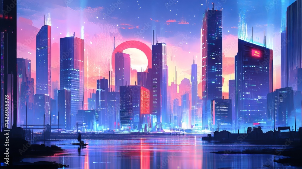 Fototapeta premium Smart cities leverage advanced technologies like 5G, IoT, and ICT for seamless communication and digital transformation. This modern cityscape integrates a robust telecommunication network. 