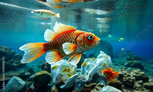 Fish swim among rocks and bubbles in blue water