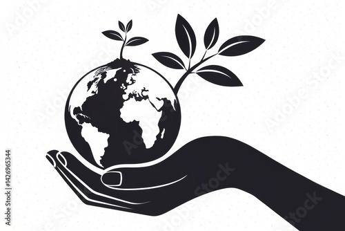 A nurturing hand cradles our precious Earth, a tiny sprout symbolizing hope for a greener future, depicted in elegant black and white.